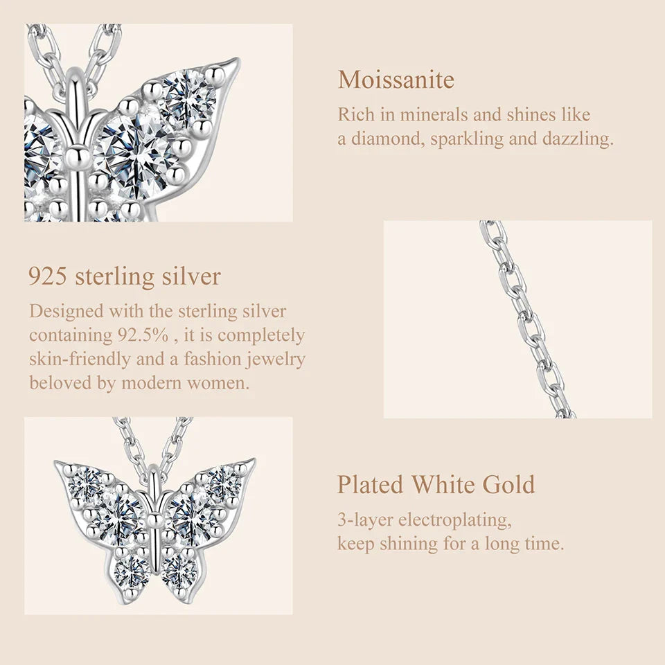 Moissanite Butterfly Necklace 925 Sterling Silver Insect Pendant Necklace Adjusable Link Chain for Women Sparkling Gift