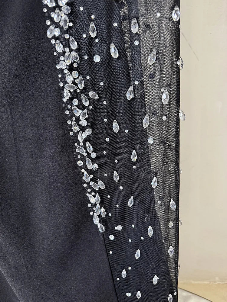 Newest 2026 Designer Vestido Women's Diamonds Beaded Slash Neck Off The Shoulders Patchwork Gauze Long Maxi Dress