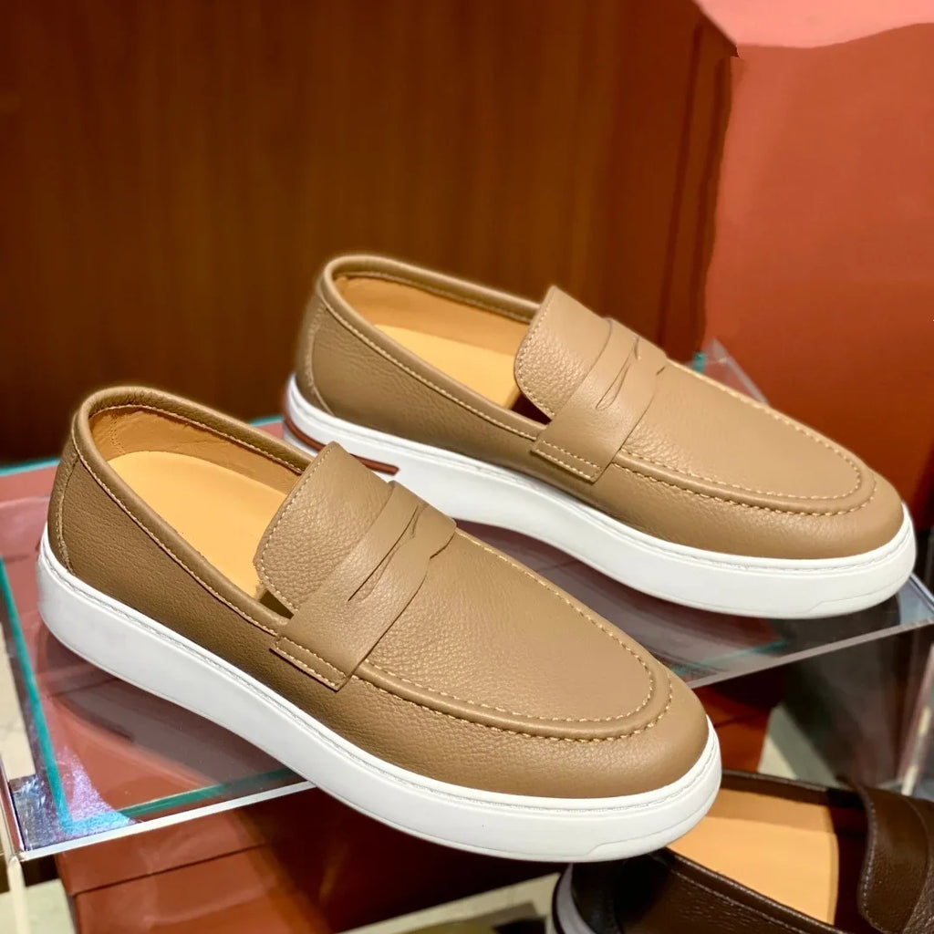 2026 New Men Genuine Grain Leather Penny Loafers Slip On Platform Non Slip Soft Sole Business Casual Driving Daily Walking Shoes