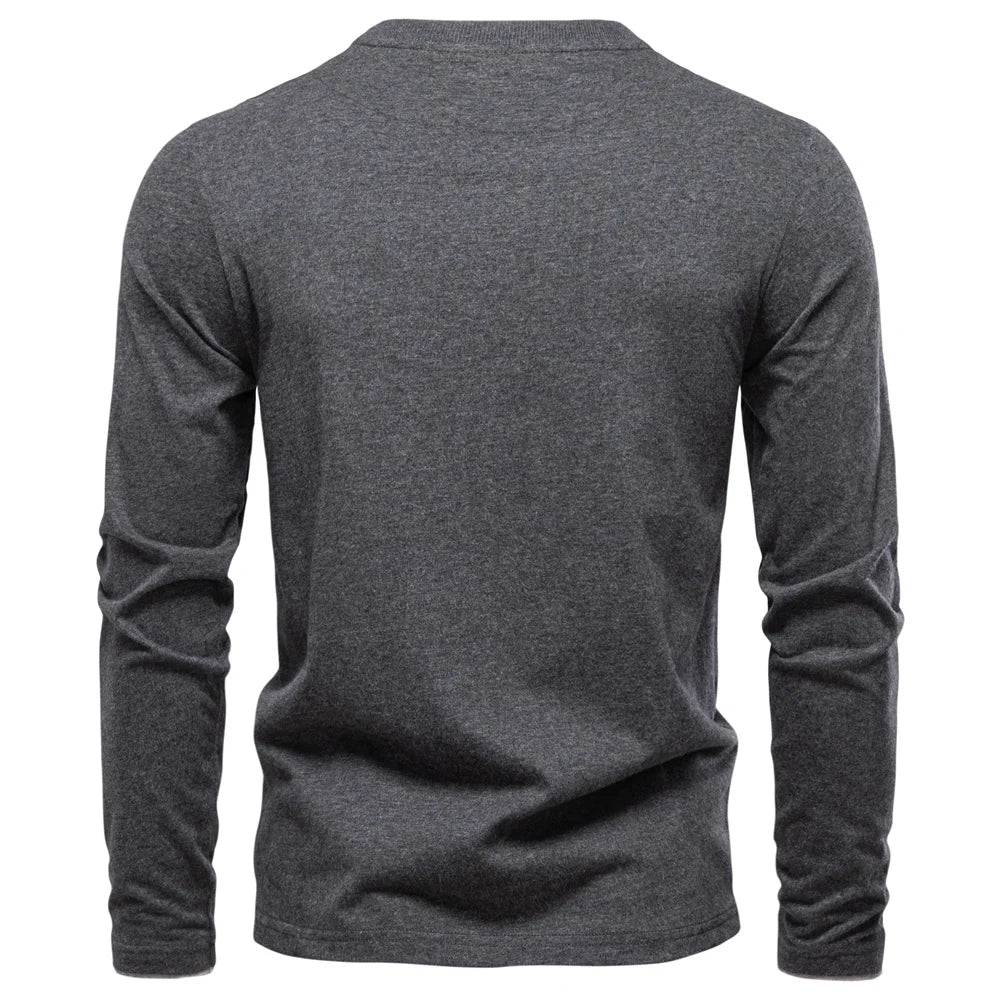 100% Cotton T-shirt Men Casual Solid Color Long Sleeve Sweater Autumn Fashion High Quality Henley Collar Mens T-shirts