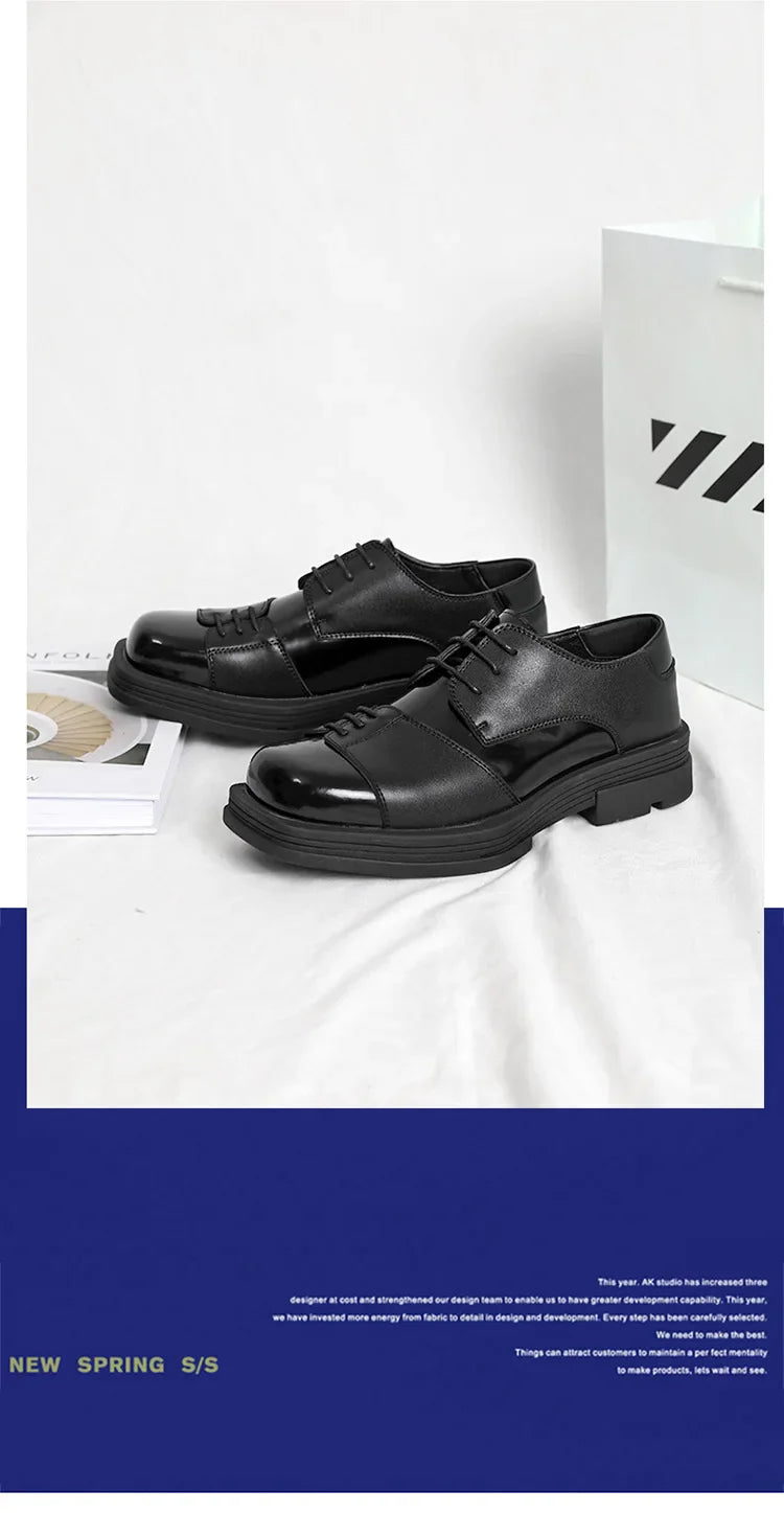 Men Genuine Leather Derby Shoes Vintage Square Toe Male Lace Up Platform Dress Shoes Black Business Footwear Wedding Shoes