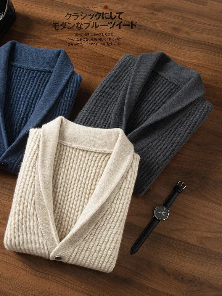 Men's Heavy Thick 100% Pure Cashmere Cardigan Olive Warm Collar High-End Sweater Coat Super Handsome
