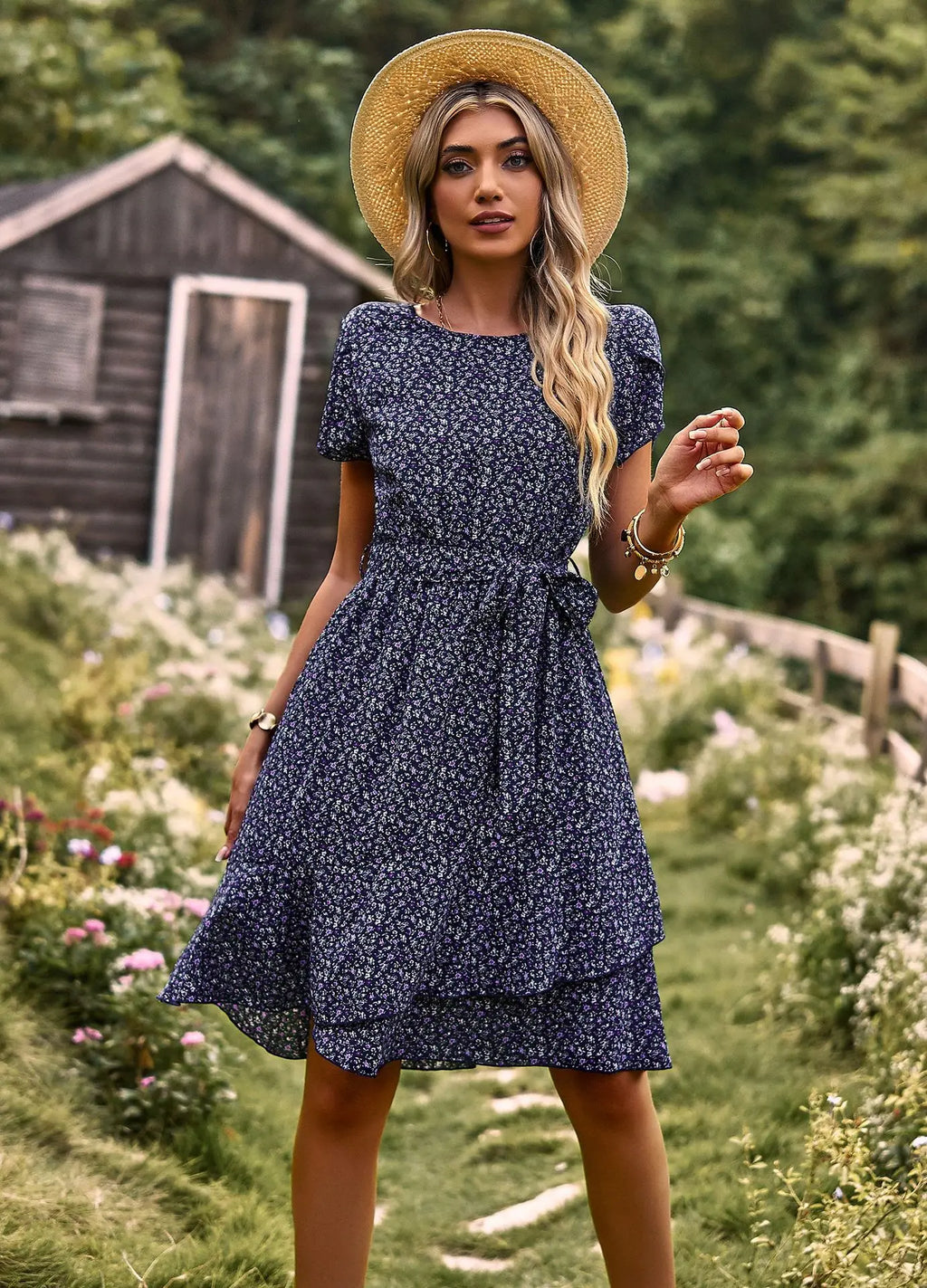 Summer O Neck Casual Printd Women Strap High Waist Pleated Floral Dress