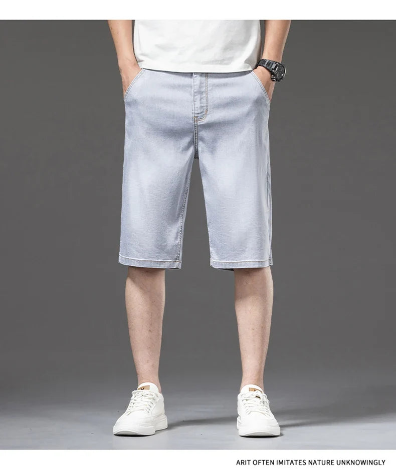 Lyocell Thin Men's Baggy Denim Shorts Loose Summer Casual  Stretch Soft Straight Jeans Male Brand Shorts Male Blue Grey