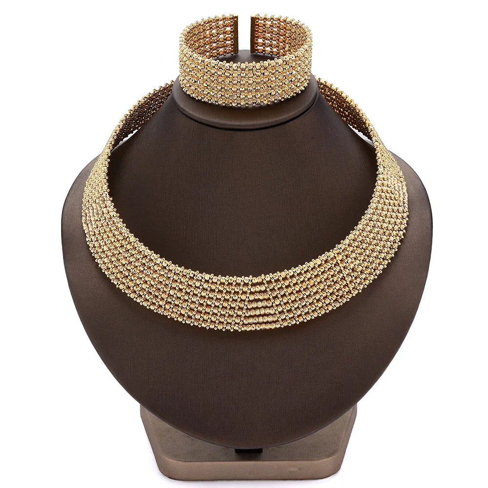 Dubai Wedding Bridal Full Jewelry Sets For Women Party Luxury Nigeria Gold Plated Beads Choker Necklace Jewelry Set