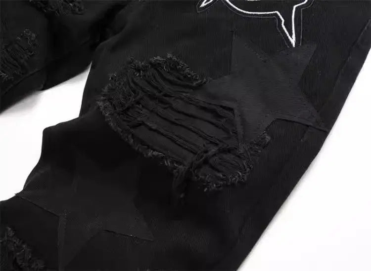 Punk Style Men's Slim Fit Straight Leg Denim Jeans Black Hole Patch Embroidery No Stretch Fashion Urban Casual Cotton Polyest...