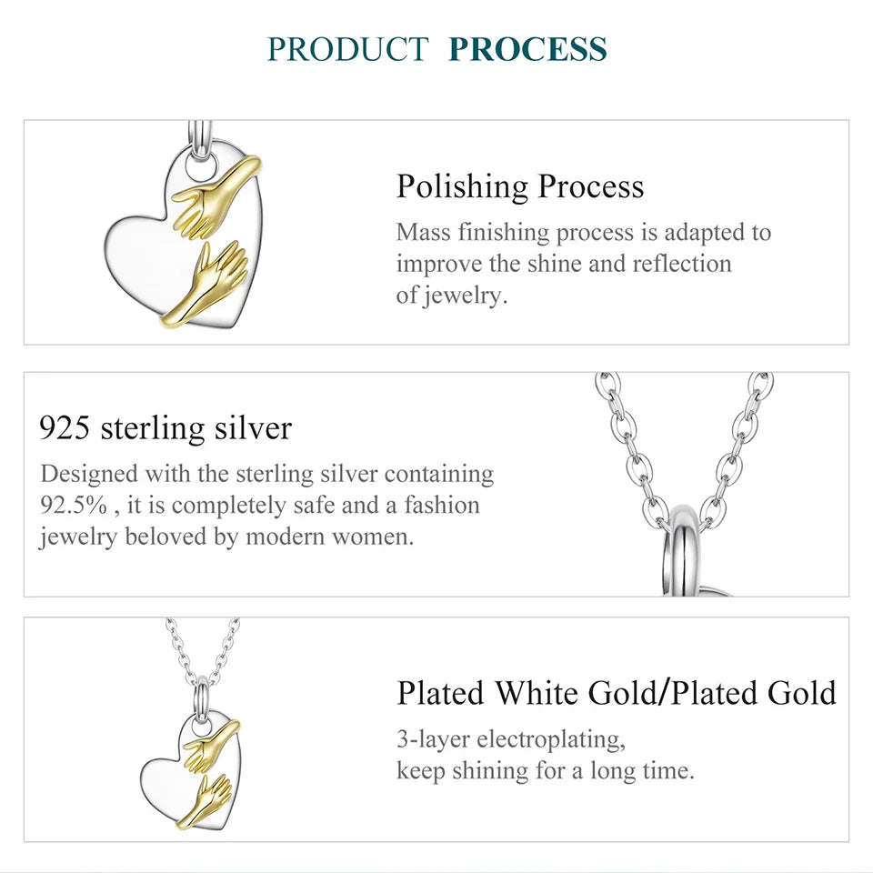 925 Sterling Silver Two-tones Hug Necklace Heart Pendant Chain Necklace for Women Mother's Day Gift Guard Jewelry