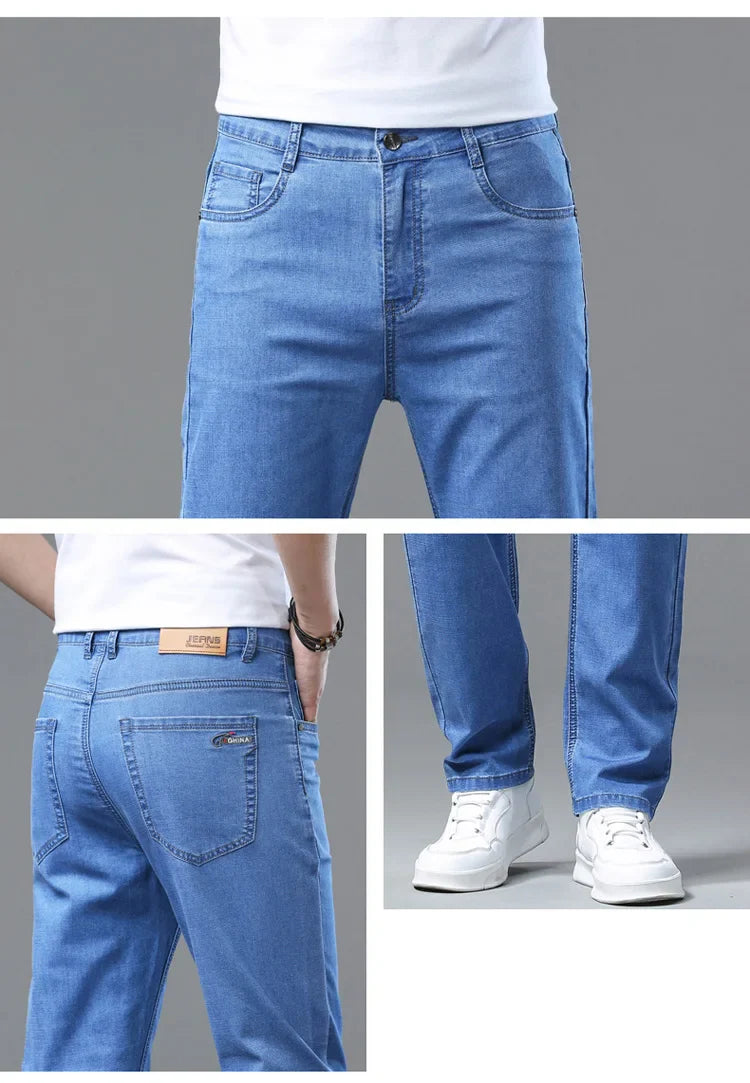2025 Spring Summer Thin Classic Men's Business Jeans Stretch Trousers Casual Straight Denim Pants  Brand Male Clothing 28-40