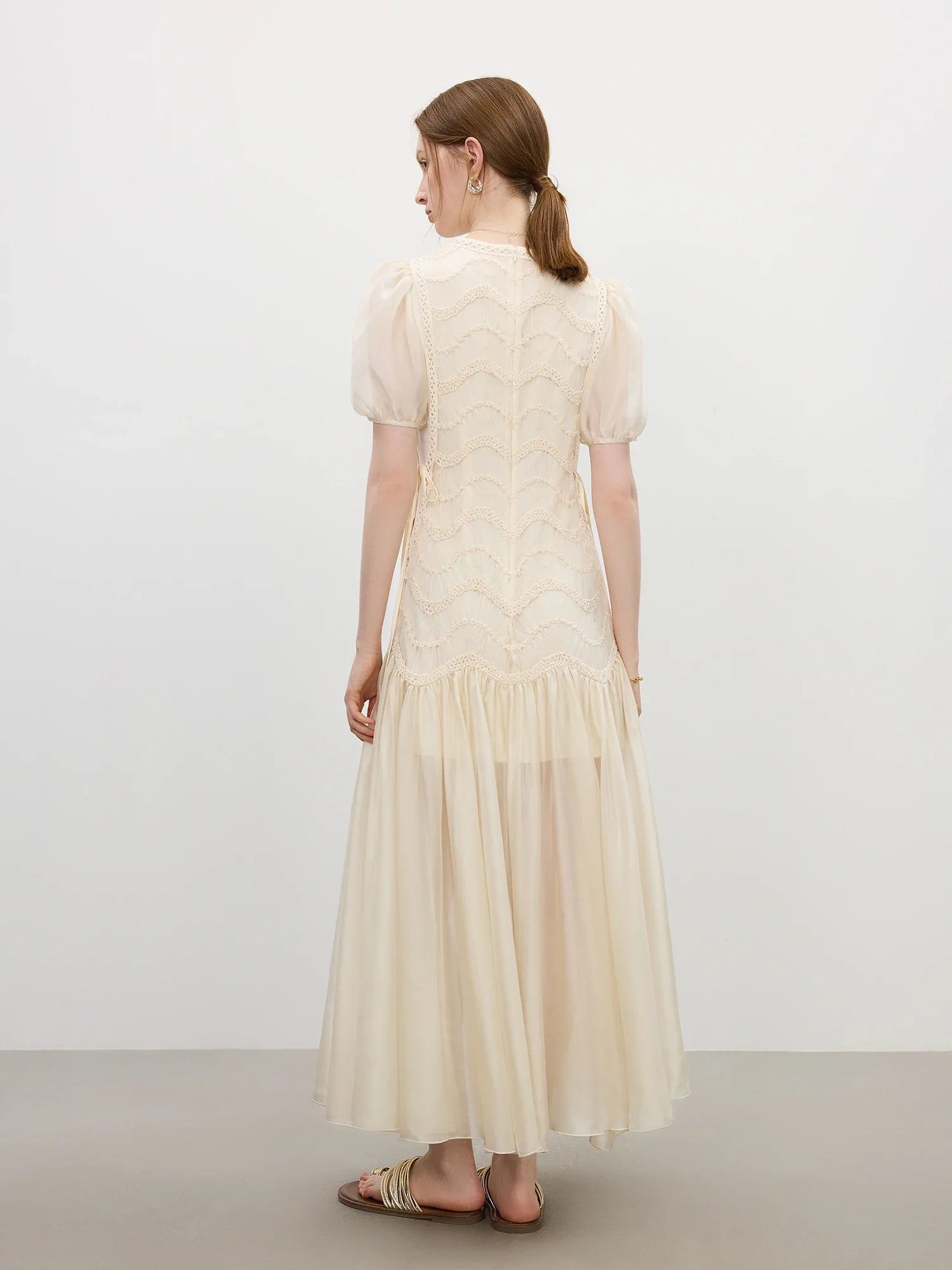2025 Summer Women's Mesh Embroidery Dress Hollow Out Splicing Bubble Sleeves Waist Tie Y2K Trendy Boho Chic 25FS12832