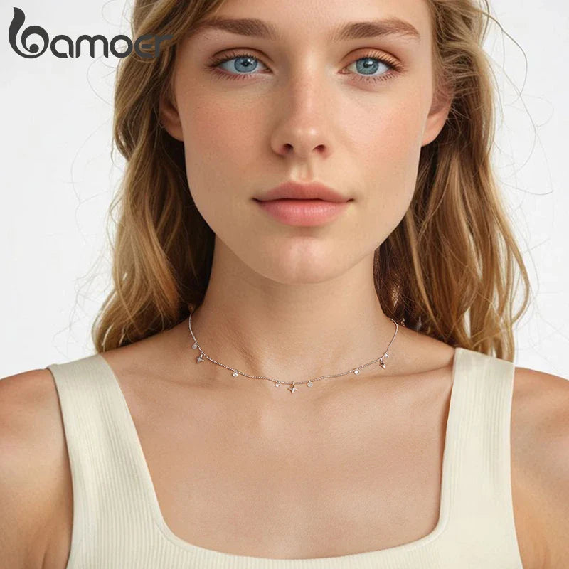 Genuine 925 Sterling Silver Dainty Starry Sky Tassel Necklace for Women, Cute Star Necklaces Christmas Jewel BSN414