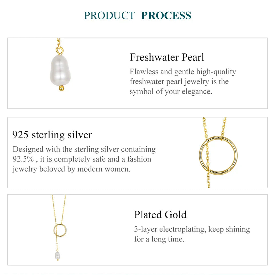 925 Sterling Silver Long Necklace, Gold Plated Y Lariat Long Chain Pearl Drop Necklace Gift for Her BSN427, 23.6"