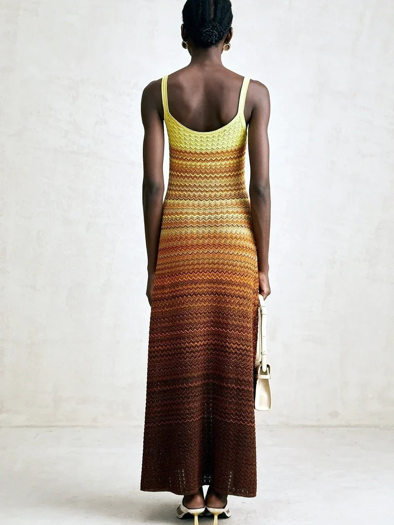 Luxury Brand Design Women Elegant Boho African Golden Sequins Maxi Sleeveless Evening Party Vacation Dress Knitted Lady Clothing