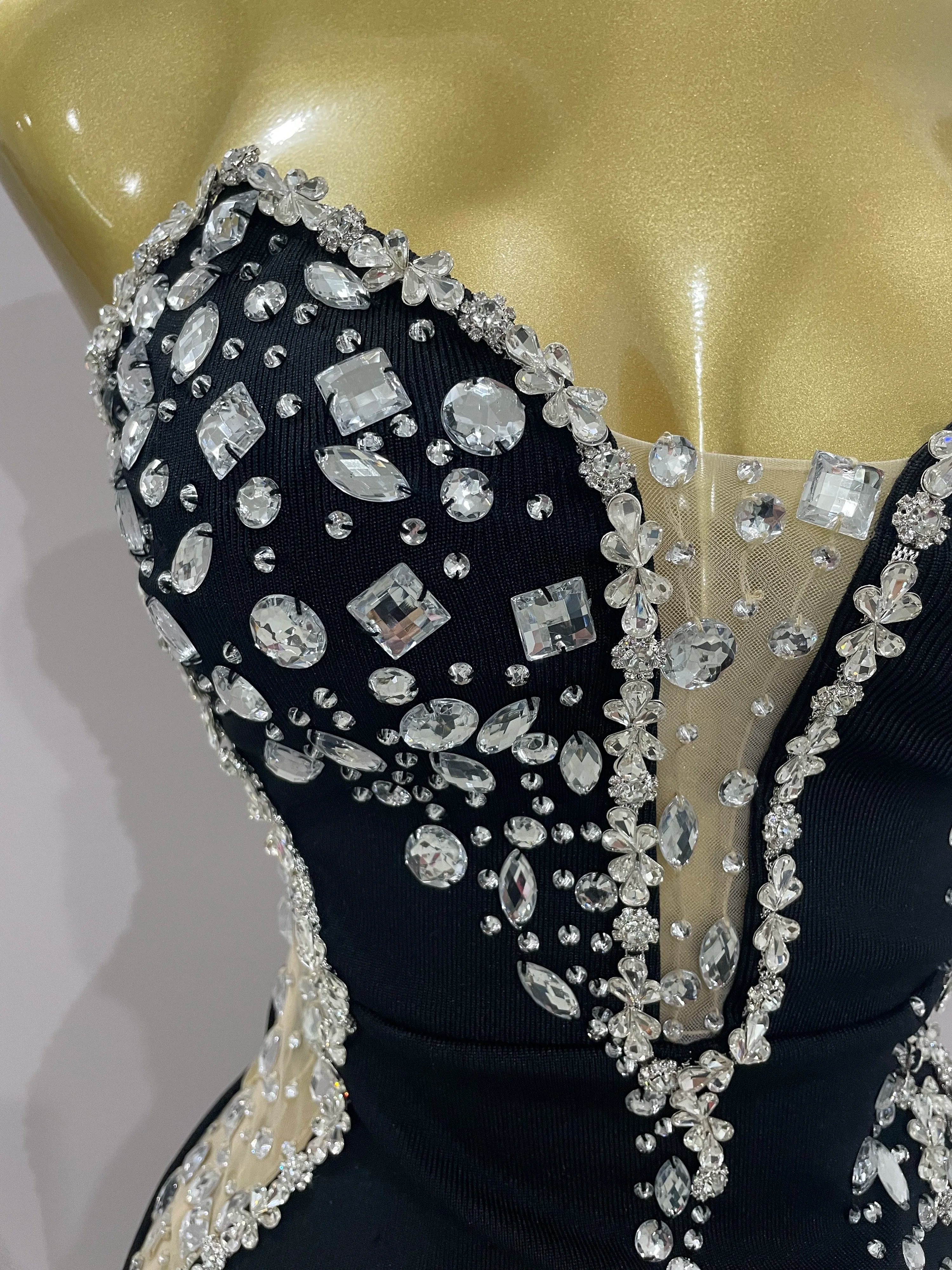 Newest High Quality Sexy Strapless Shinning Rhinestones Bodycon Bandage Long Dress Women Fashion Celebrate Evening Party Vestido