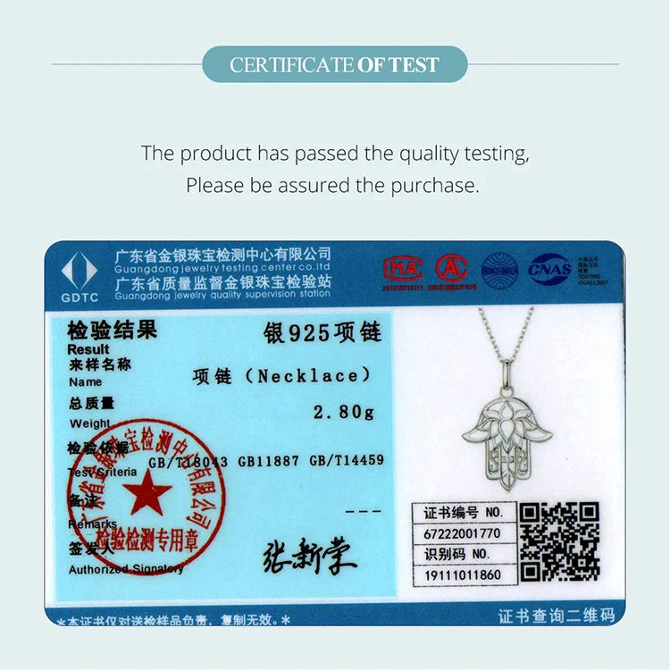 925 Sterling Silver Guardian Fatima's Hand Pendant Necklace Flower Pattern Neck Chian for Women Platinum Plated SCN490