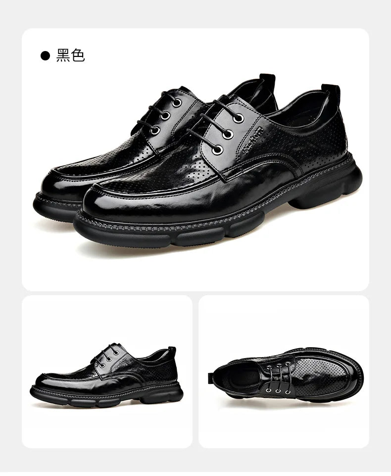 Summer Hallow Cow Leather Shoes for Men Fashion Casual Black New Designer Dress Shoes Male Lace Breathable Platform Shoes Man