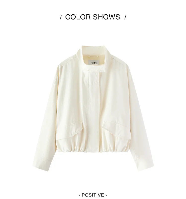 Women Jacket Solid Stand Collar Bubble Hem Oversize Dropped Shoulder Casual Style Autumn Outerwear Daily Wear 2026