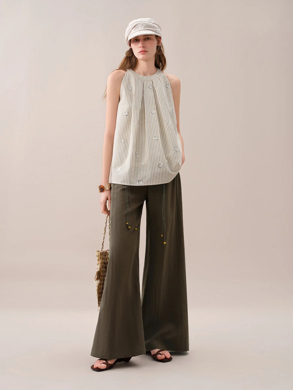 2026 Summer Women's Striped Embroidered Sleeveless Blouse - Vacation Elegance Collection for Resort