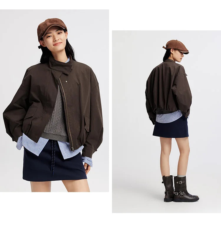 Women Jacket Solid Stand Collar Bubble Hem Oversize Dropped Shoulder Casual Style Autumn Outerwear Daily Wear 2026
