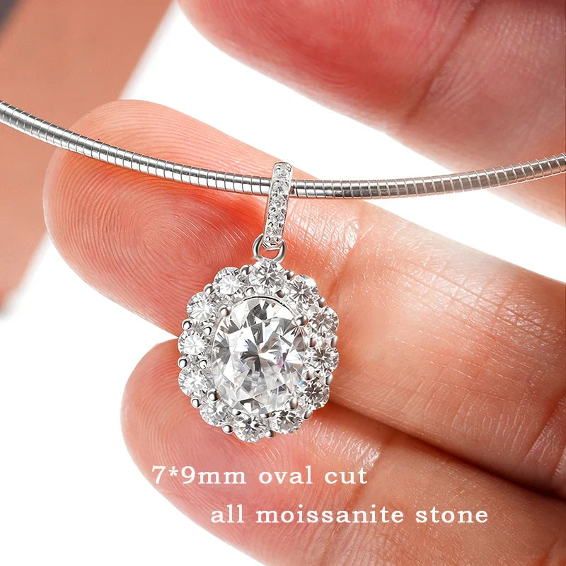 Oval Cut 7*9MM Flowers Full Moissanite Necklace Pendant for Women Lab Diamond 1.5mm Chain Pure 925 Silver Fine Jewelry