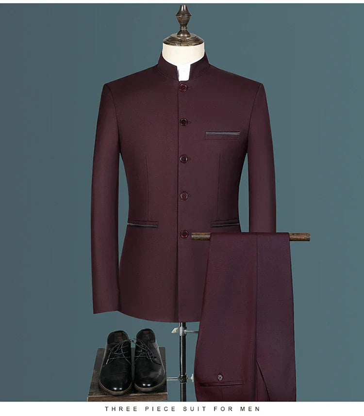 Suit (Blazer+ Vest + Pants) Men's Fashion Gentleman Business Outdoor Standing Collar Gentleman Wedding Work Casual MAO Suit
