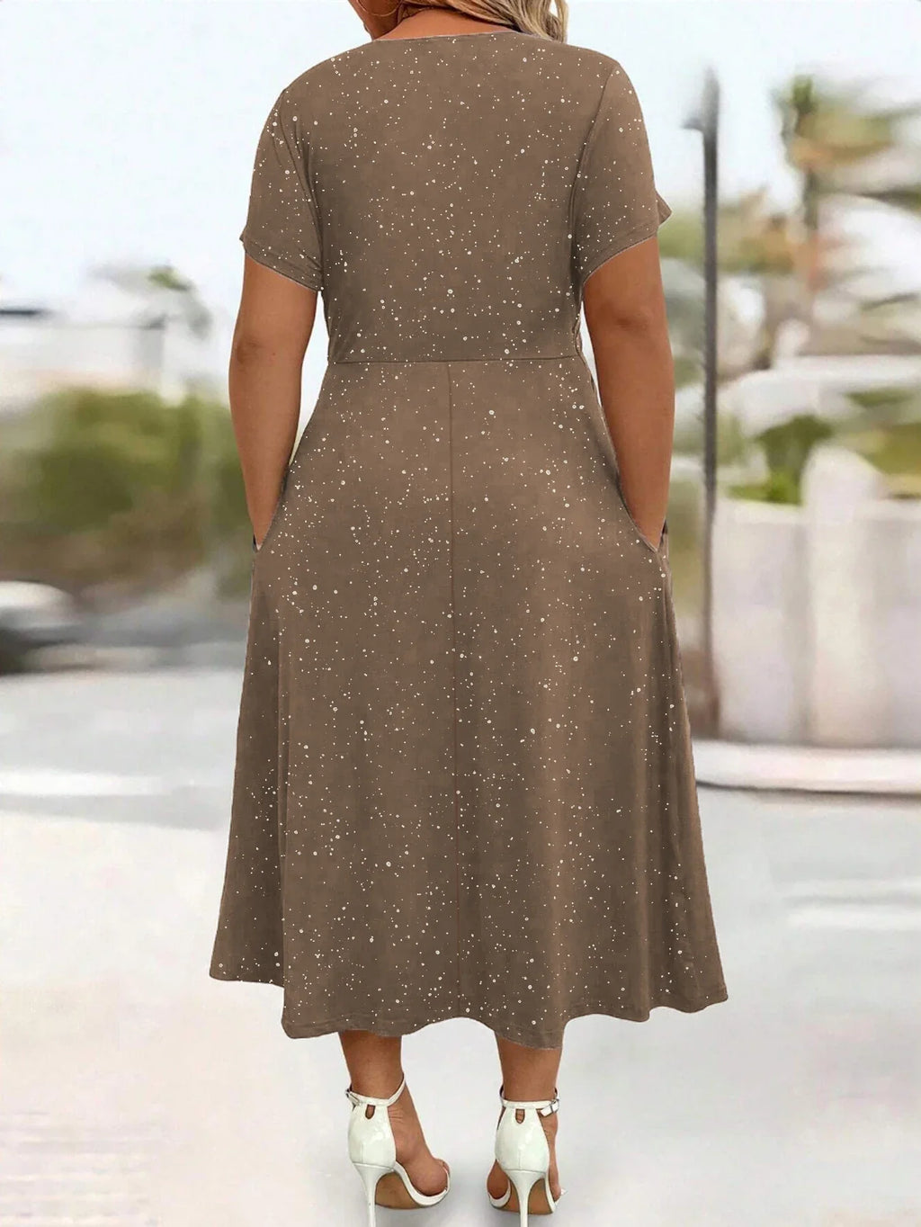 Ladies' elegant plus size powder sprinkled shiny twisted knot with pockets V-neck dress