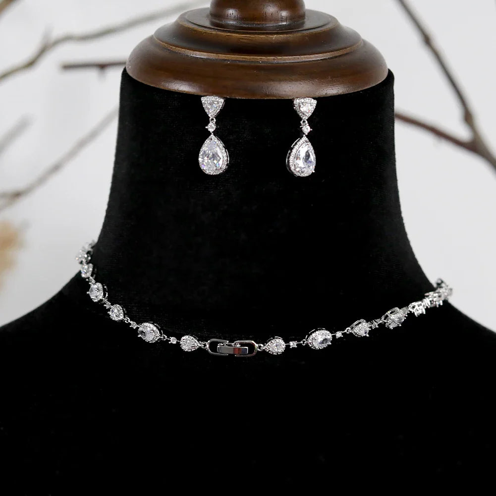 White Transparent Two-layer Water Drop 2PCS Crystal Necklace and Earring Zircon Jewelry Sets Wedding Party Bridal Accessories