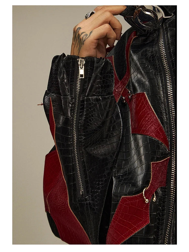 Spring Autumn Cool Handsome Crocodile Print Patchwork Pu Leather Jacket Men Color Block Luxury Designer Clothes 2024