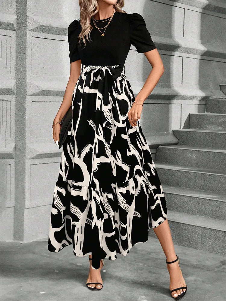 Elegant Floral Print Round Neck Long Dresses Women Short Sleeve High Waist Lace-up Office Lady Holiday Party Dresses Vestidos