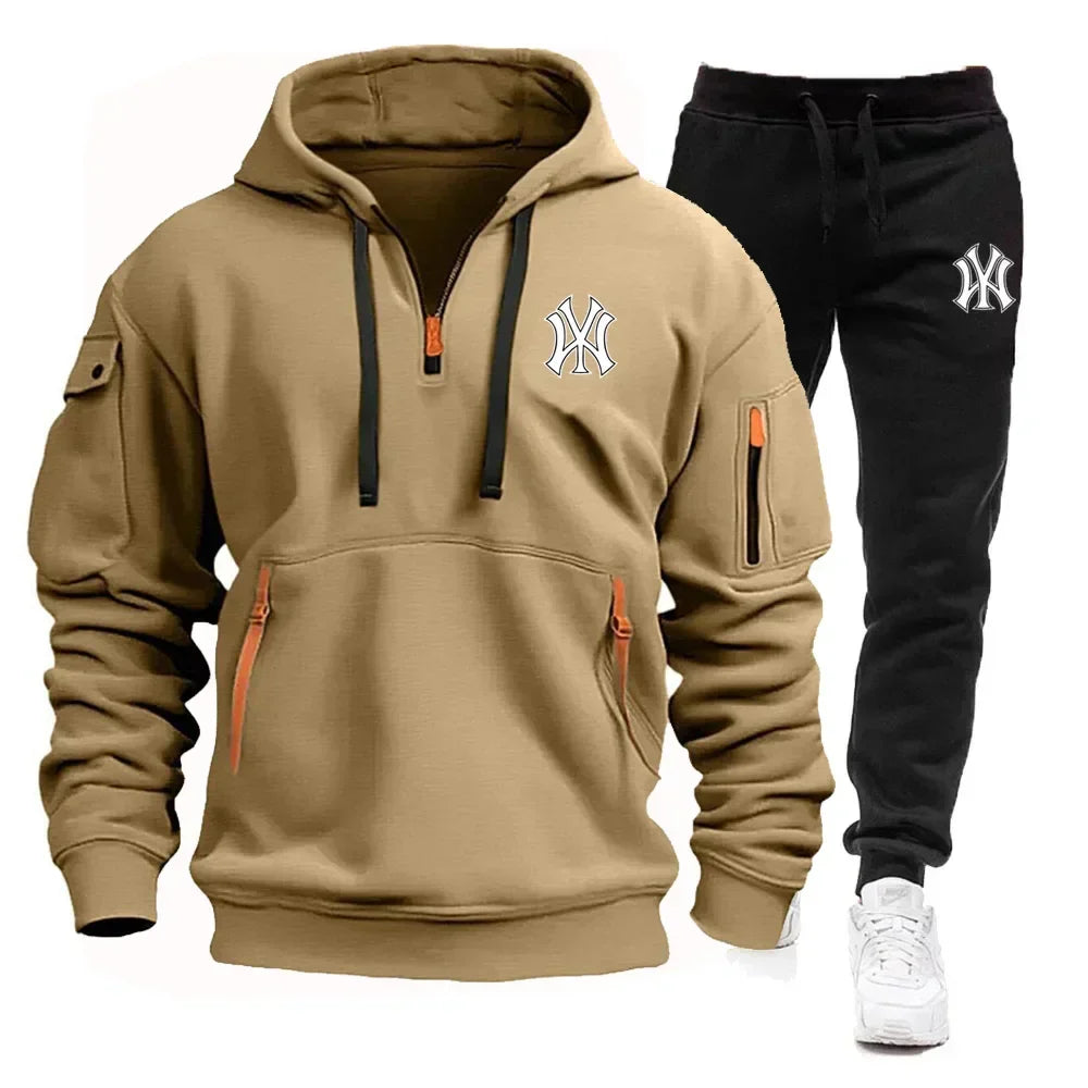 A stylish, casual and fitness two-piece set for men's autumn and winter 2025: zipper hoodie, long-sleeved pullovers and jogging