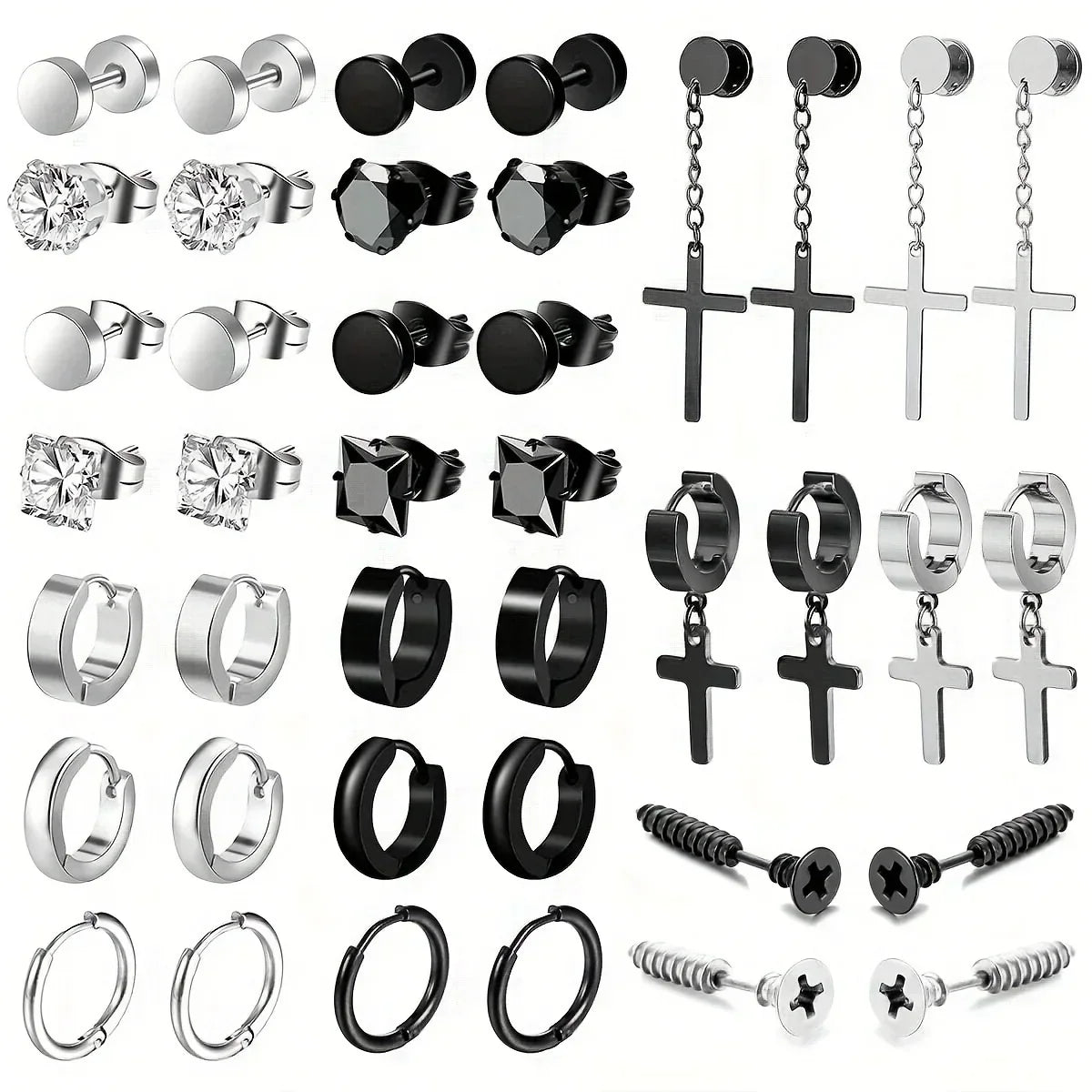 Simple Stainless Steel Zircon Stud Earrings For Men, Cross Pendant Hoop Earrings For Daily Wear