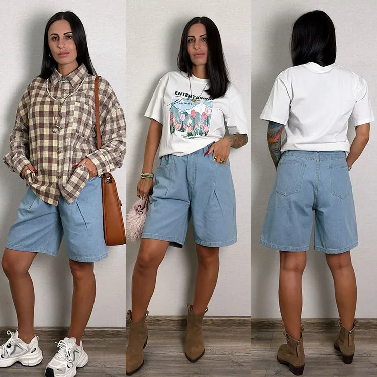 Summer Jean Shorts Women Denim High Waist Black Baggy Short Jeans Summer Pants Women's Bermuda Denim Shorts Wide Leg For Women