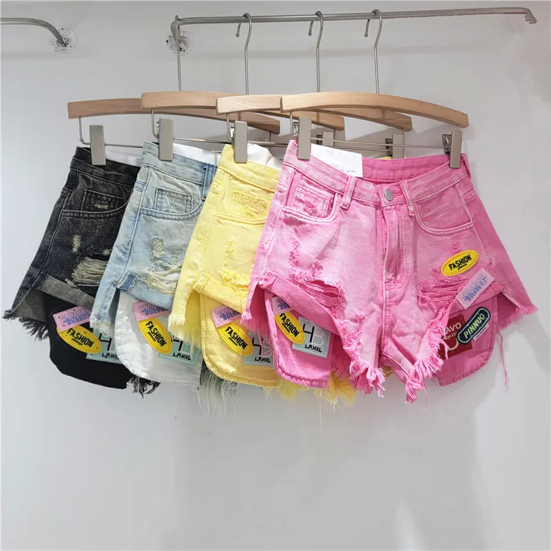 New Trendy Women's Spliced Hole Burr Edge Denim Shorts 2025 Summer Fashion High Waist A-line Short Pants Female 1LS2103