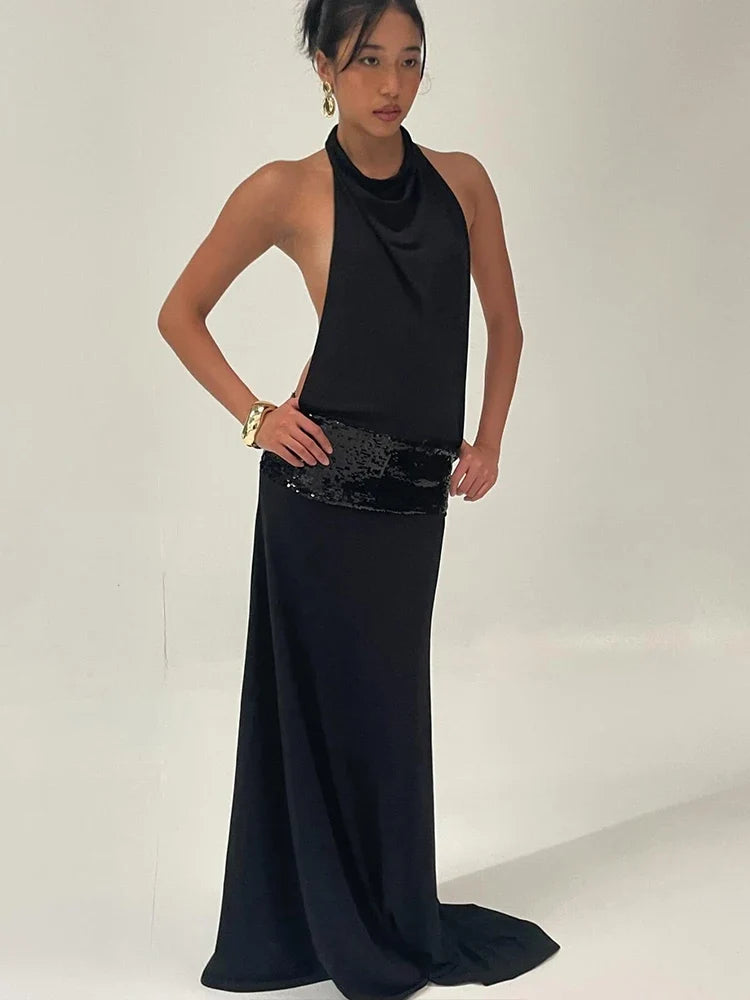 Backless Fashion Dresses Elegant Halter Patchwork Draped Maxi Bodycon Female Solid Simple Evening Party Frock New