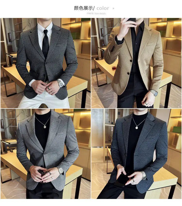 Men's Elegant Grid Suit Jacket 2026 Spring New Fashion Slim Blazer Jackets Social Prom Dress Jacket Men's High Quality Clothing