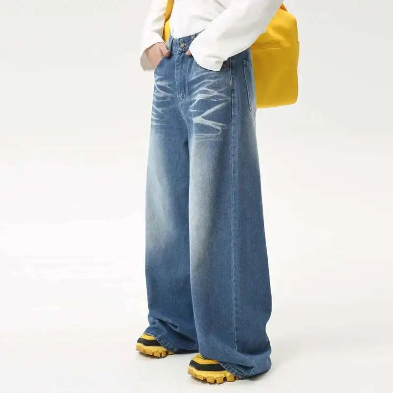 IEFB High Street Men's Jeans New Summer Water Washed Folded Draping Wide Leg Trendy Denim Pants Spring Casual Straight 9C6100