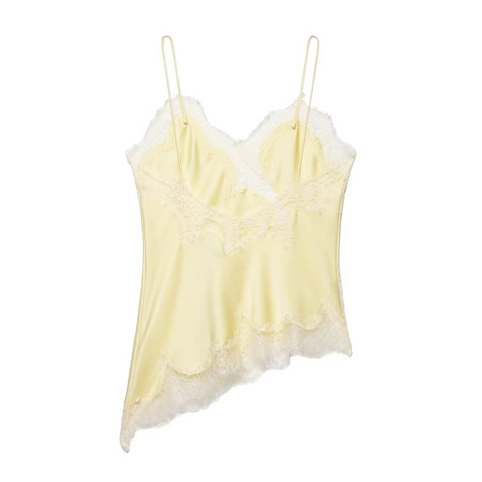 Women Fashion Lace Patchwork Straps Top Irregular Hem Spaghetti Straps V-Neck Hollow Sexy Tops 2026 Summer Night Date Wear