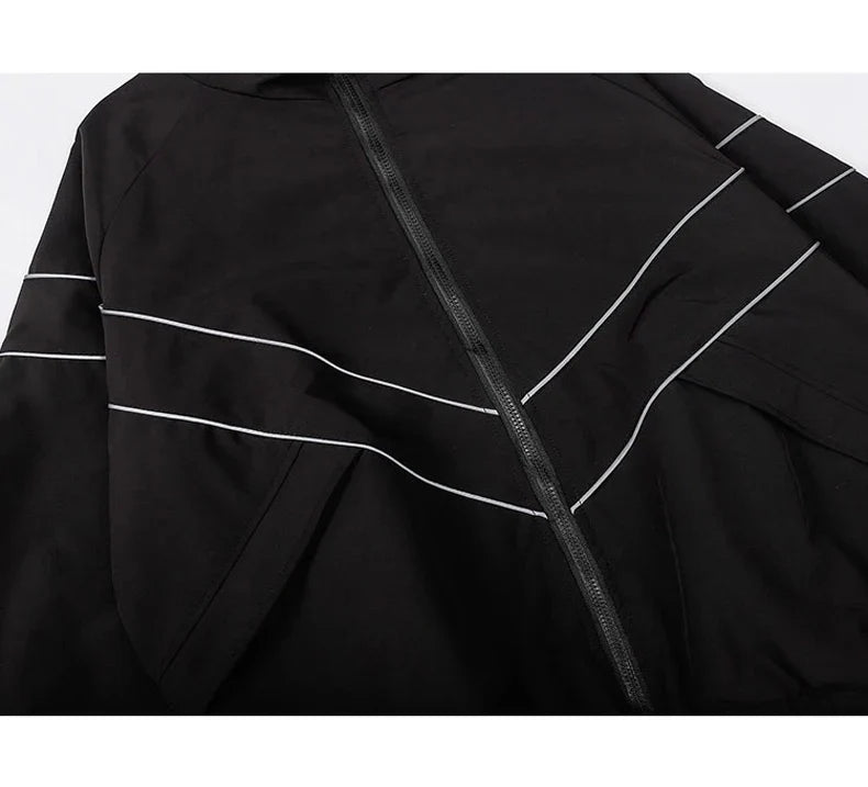 Reflective Striped Men's Jacket 2026 Hip Hop Streetwear Coats Zipper Up Jacket Windbreaker Harajuku Thin Coats Sports Black Blue