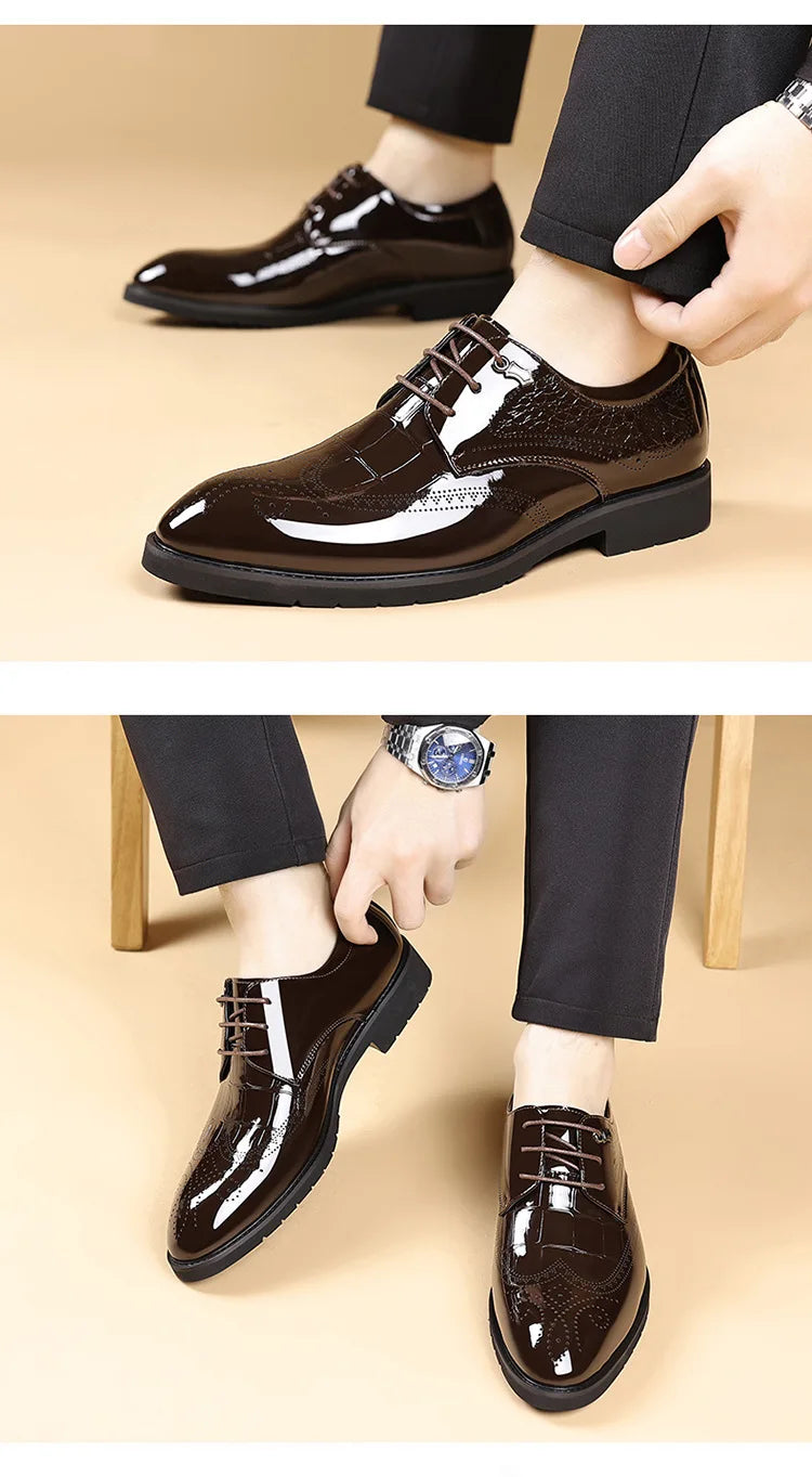 Lace Designer Fashion Business Casual Shoes for Men Spring Summer New Patent Leather Shoes Male Solid Color Wedding Shoe Man