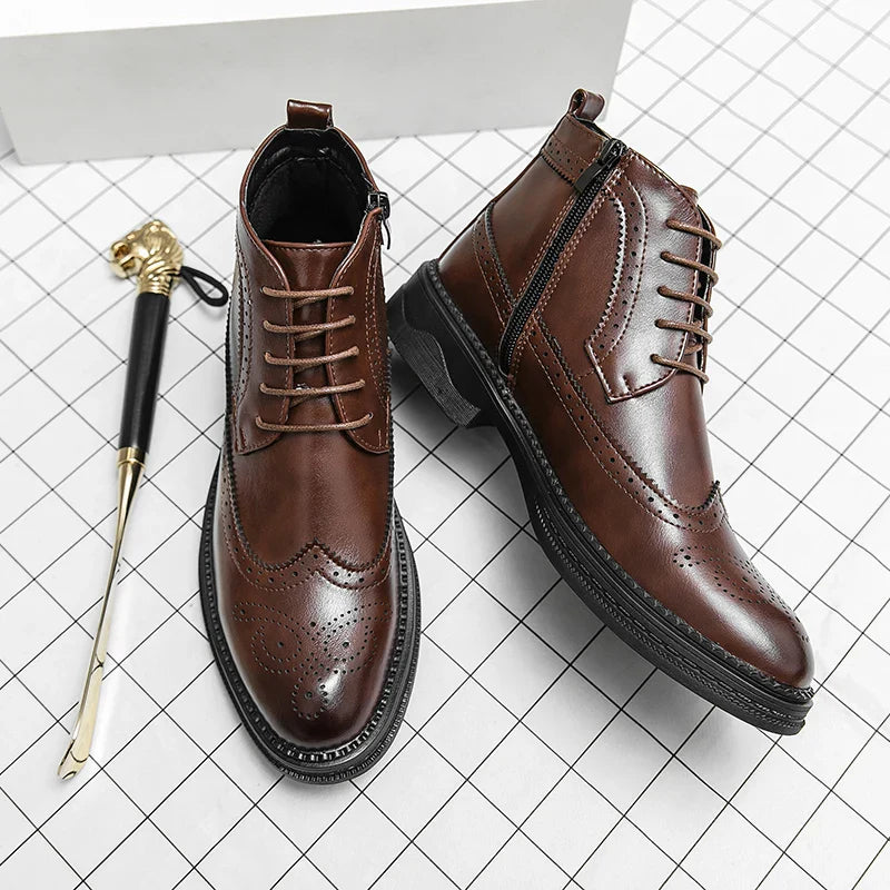 New Fashionable Winter Patent Leather Brogue Ankle Boots Men's Lace up High Tops For Men Flats Everyday All Match Shoes