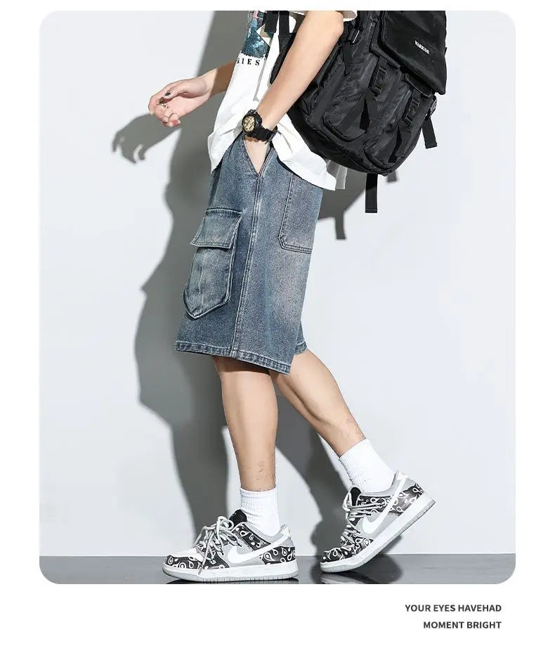 Bermuda Men's Denim Shorts Summer New Fashion Loose Jeans Casual Vintage Drawstring Cargo Short Pants Male Streetwear