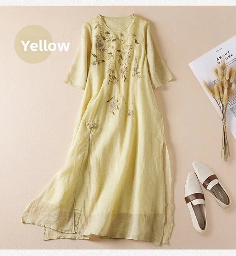 Summer New Hemp Dr Embroidered round Ne Five-Quarter Sve Fairy Beautiful Long Women's Dr New Chinese Sle