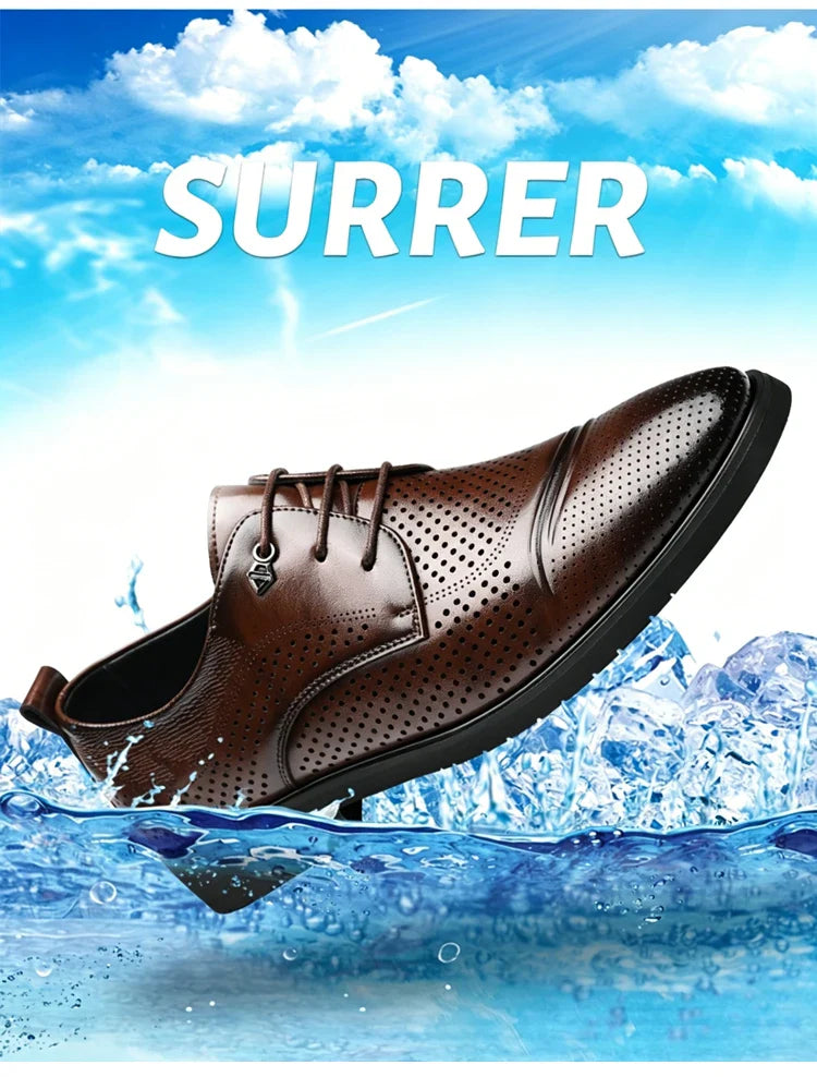 Men's Summer Breathable Leather Shoes Hollow out Fashionable Slip-On Comfortable Anti-Slip Soft Bottom Derby Shoes-SJ2501-1