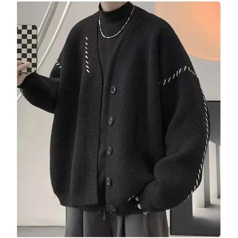 Autumn V-neck Cardigan Sweater Men Women Streetwear Loose Lazy Style Korean Vintage Knitwear Jacket Fashion Brand Mens Cardigan