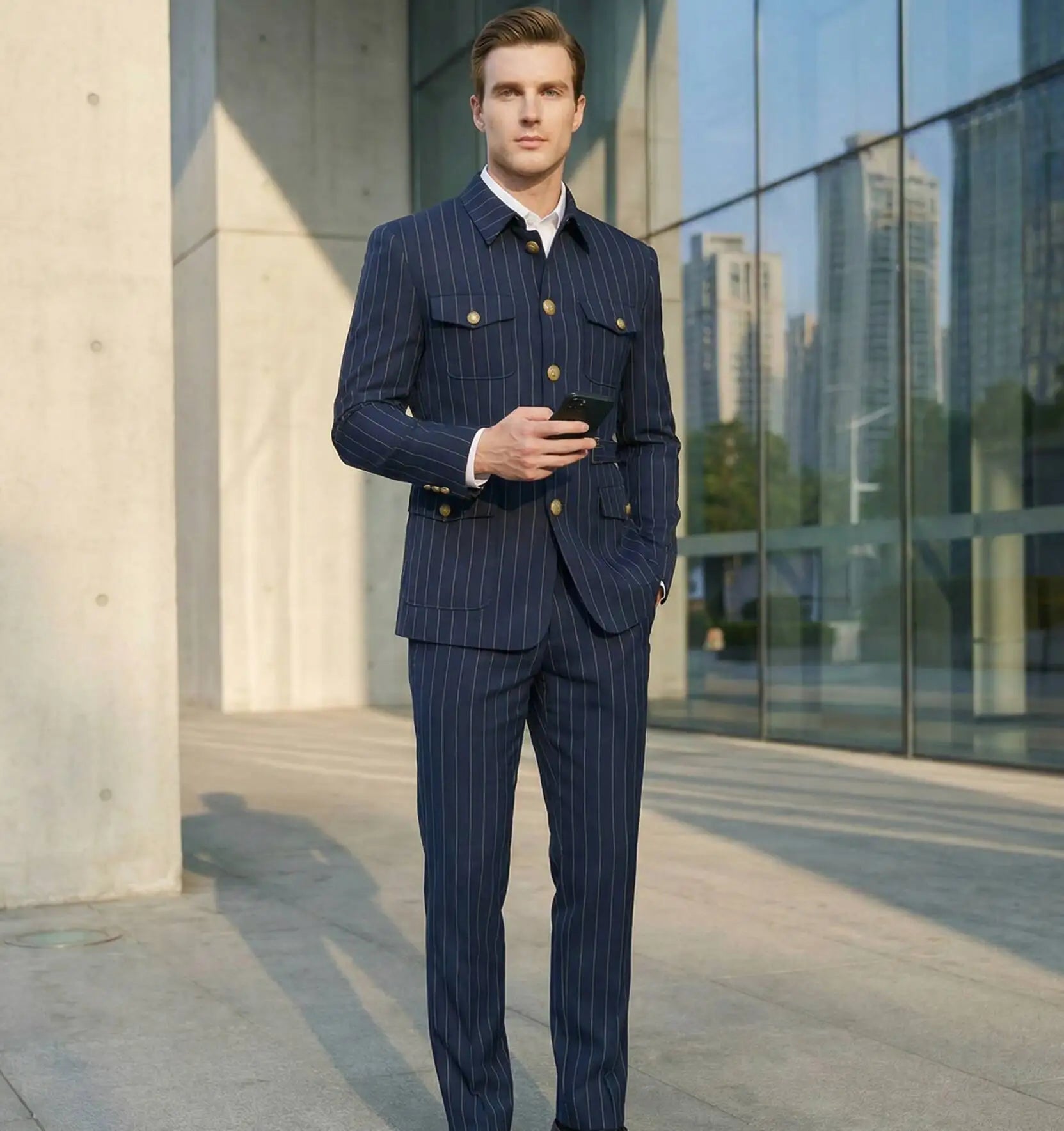 Elegant Dark Blue Striped Men's Suit Slim Fit Double-Breasted Jacket And Trouser Set Fashionable Collarless 2-Piece Suit