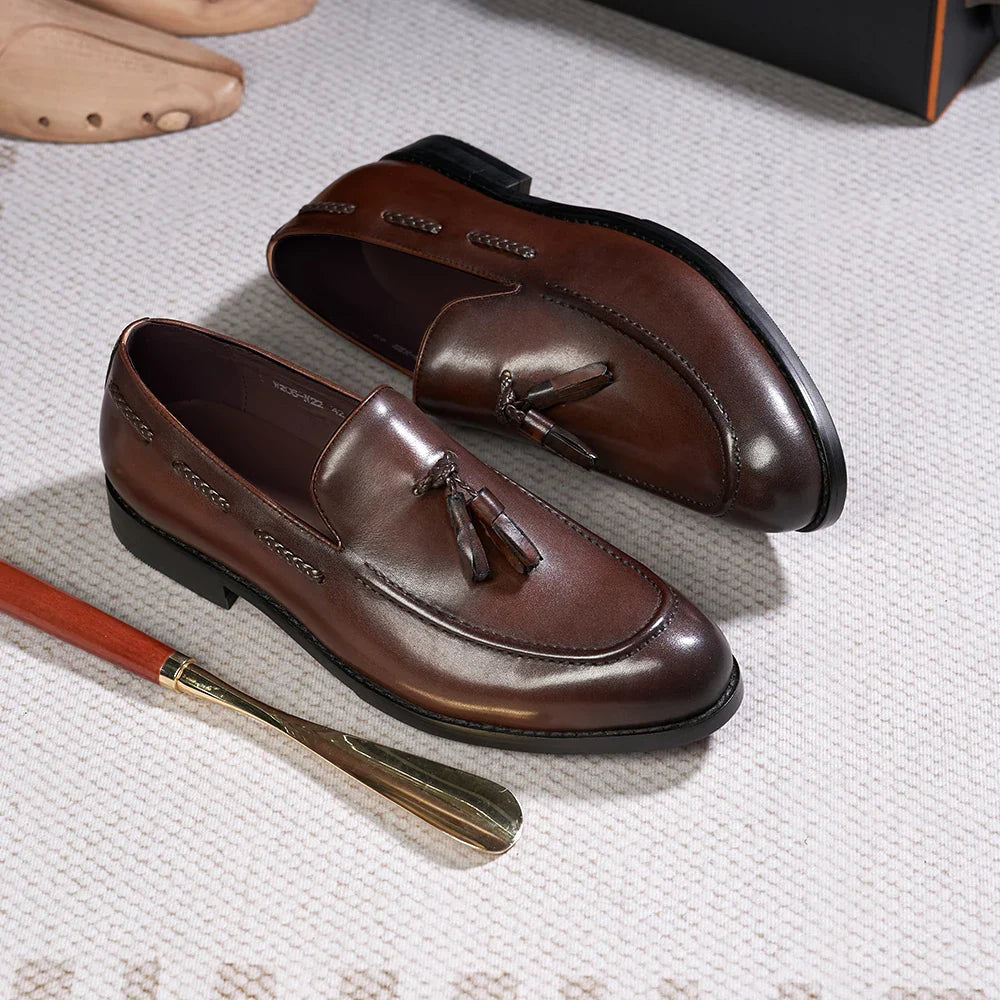 Classic Men's Genuine Leather Tassel Loafers Handmade Slip-On Casual Shoes Comfortable for Office Wedding Dressing Daily Wear
