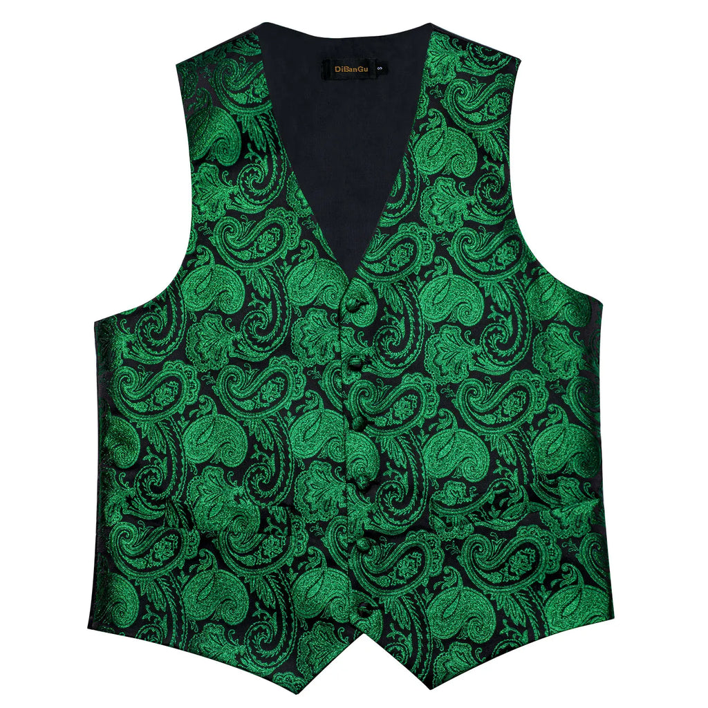 Luxury Green Paisley Solid Silk Suit Vest for Men Wedding Waistcoat Neck Tie Set Party Tuxedo Men Clothing DiBanGu
