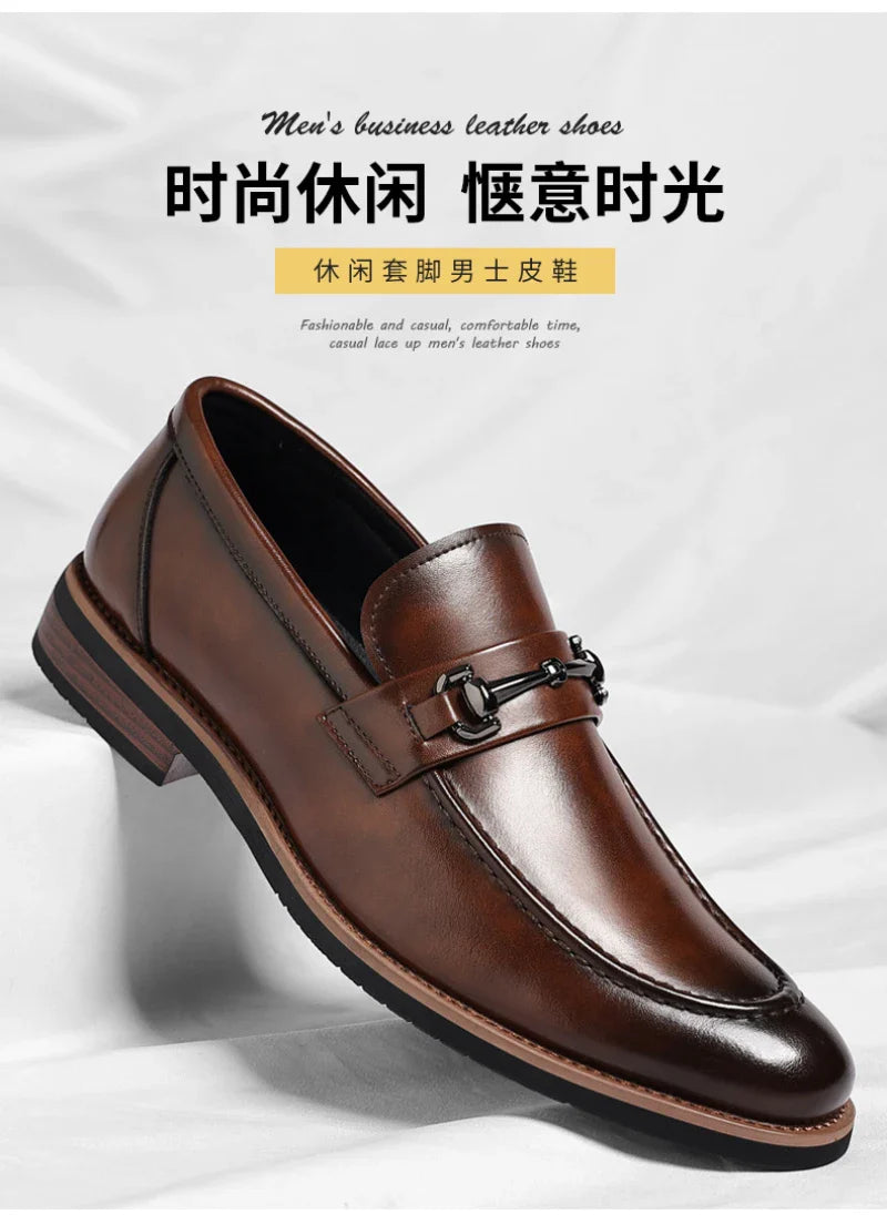 Mens Brown Burnished Genuine Leather Horsebit Loafers Slip On Formal Business Office Wedding Groom Daily Wear Shoes Simple New