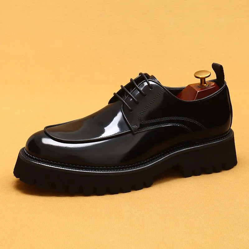 designer men's leather shoes with thick soles round toe glossy leather business dress shoes Waxed cowhide lace up British shoes