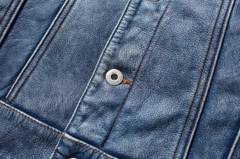 Men's Motorcycle Leather Jacket Light Blue Ami Khaki Retro Graphite Distressed Denim Genuine Leather Jacket Slim Short Jacket