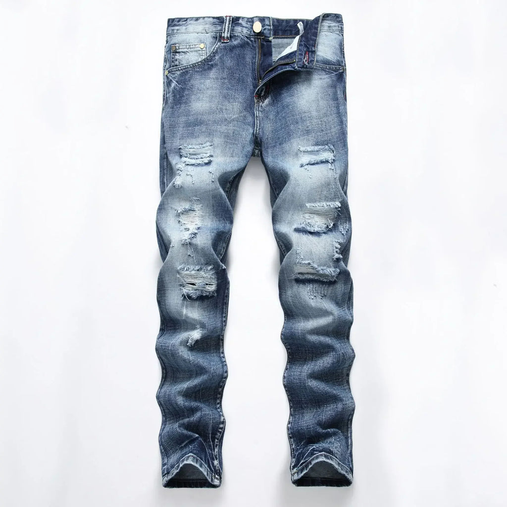 Cross-Border Men's Wear Ripped Straight-Leg Slim Fit Smooths Your Silhouette No Stretch Jeans Light-Colored Denim Trousers Amazo
